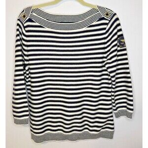 LRL Lauren Jeans Co Nautical Striped Boat Neck Sweater Patch Sleeve Navy L